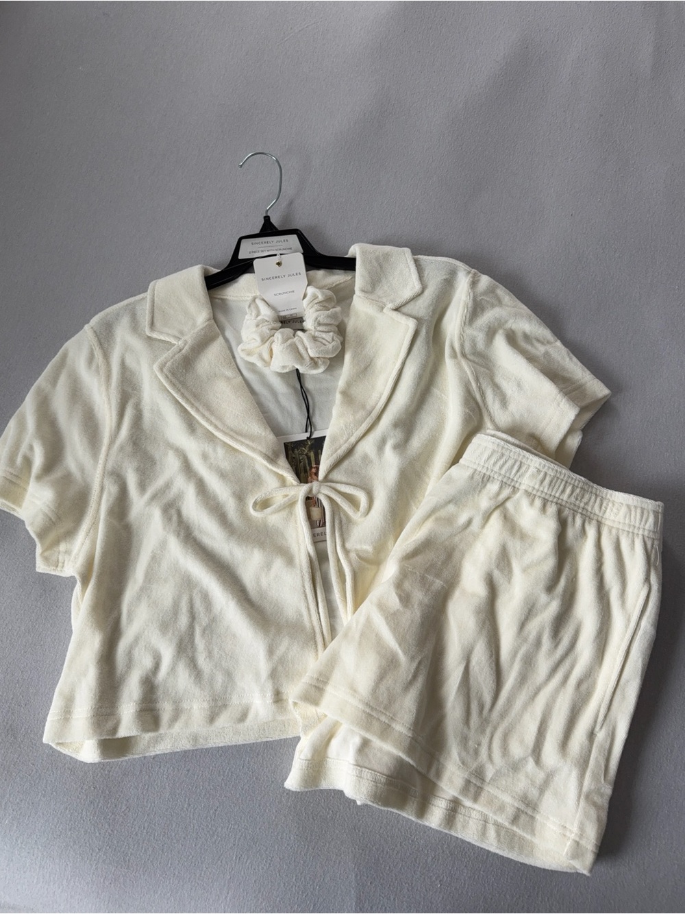 Soft Cream Terry Short Pajama Set with Scrunchie